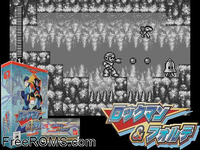Rockman and Forte - Mirai Kara no Chousen Sha (J) [M][!] Wonderswan game showing 3D box cover and gameplay screenshot